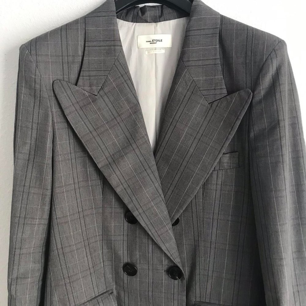 ÉTOILE ISABEL MARANT Double Breasted Grey Checked Cotton-Blend Blazer